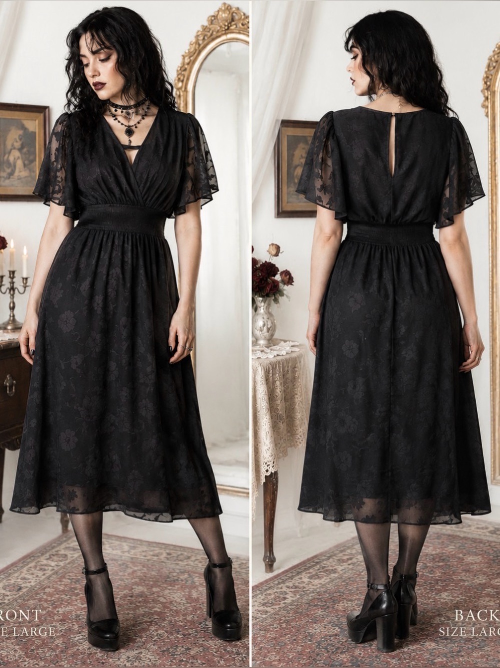 Baltic Born Black V-Neck Romantic Wimsigoth Textured Dress  Flutter Sleeves XL
